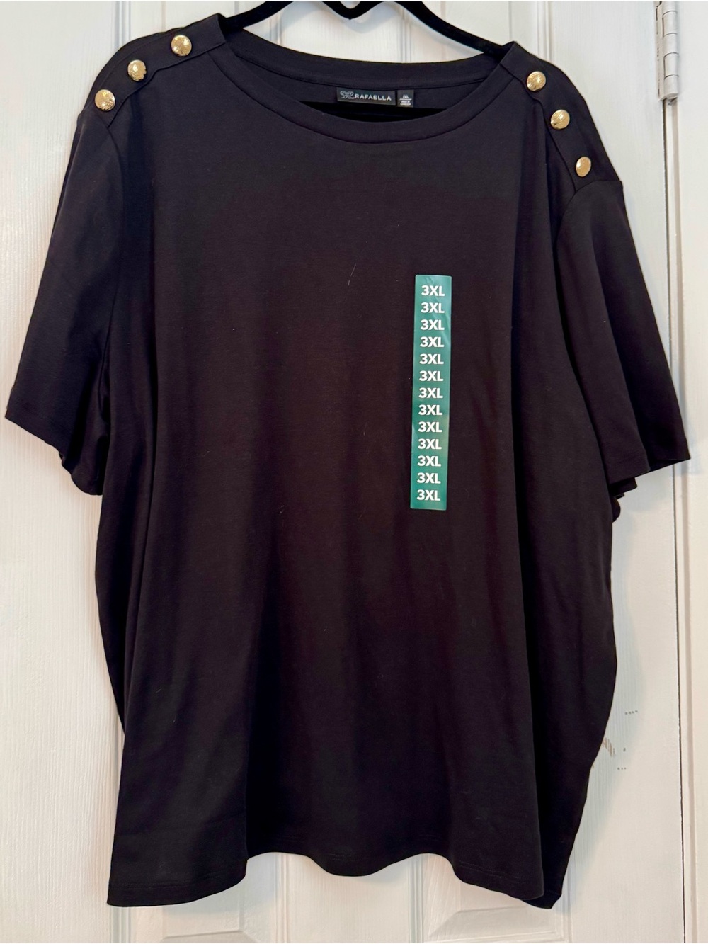 Rafaella Women's Crew Neck Tee with Gold Buttons in Black size 3XL NWT